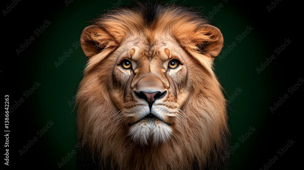 Fototapeta premium Majestic Lion Portrait Against Dark Green Background