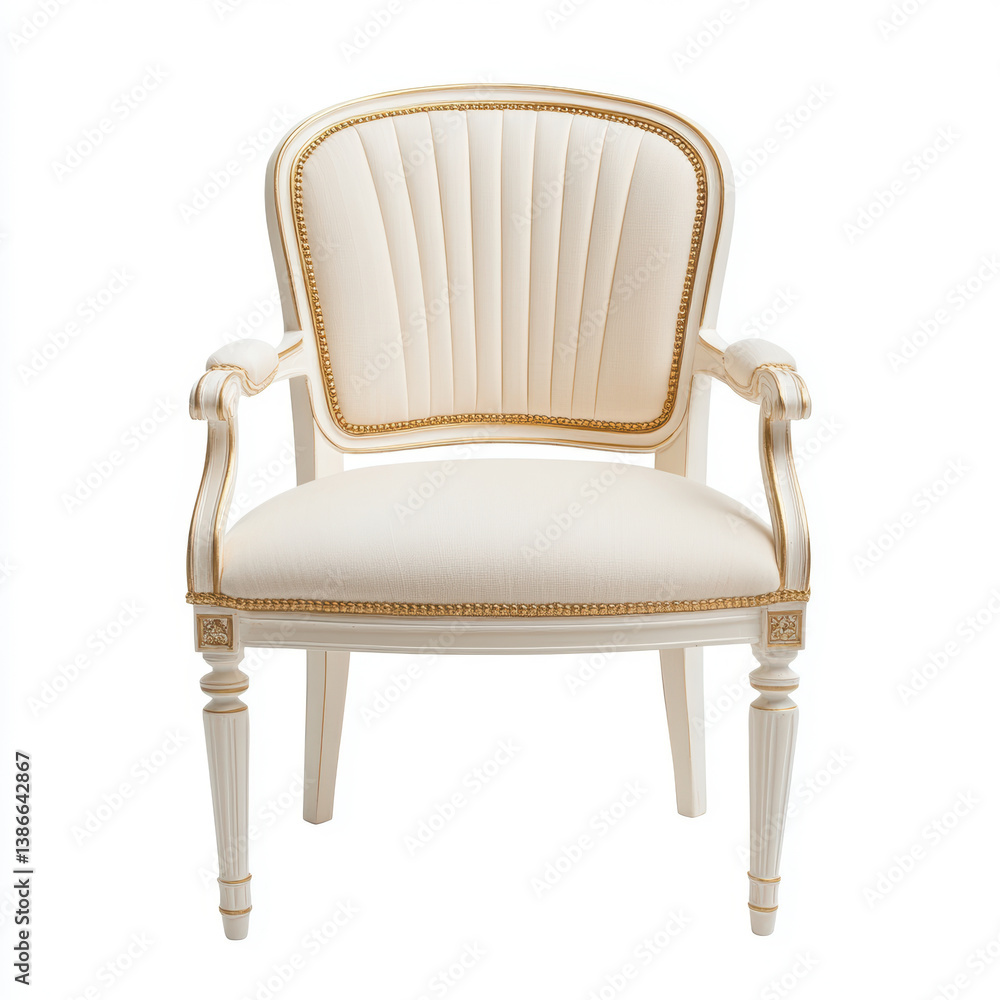 Elegant white upholstered armchair with gold decorative trim Elegant white upholstered armchair with gold decorative trim