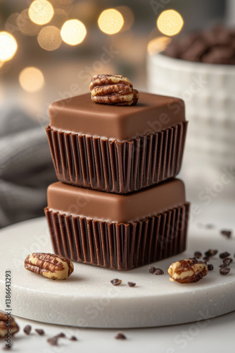 Realistic photography close-up Stacked chocolate pralines with pecan topping on white plate, festive bokeh background