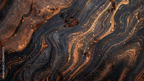A blend of mahogany and copper marble, abstract patterns with rich wood tones and metallic accents