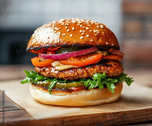 Wallpaper Mural hamburger on a wooden table Torontodigital.ca