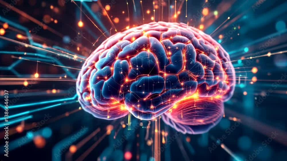 Artificial intelligence brain animation. Digital brain big data deep learning computer machine. Animation big data concept. Big data flow analysis. Artificial intelligence digital brain