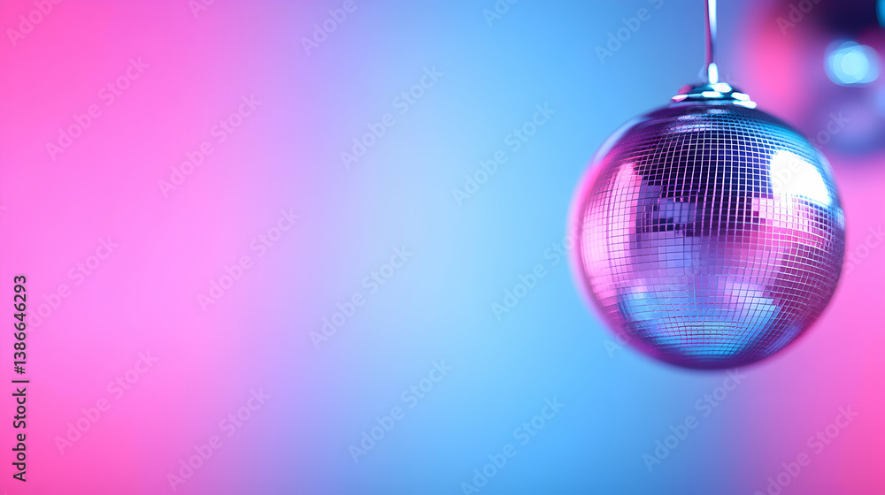 Fototapeta premium Disco Ball Hanging Against Pink And Blue Gradient Background