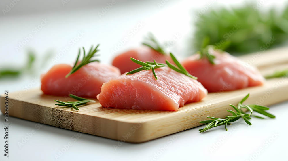 Raw Pork Tenderloin with Rosemary on Wooden Board Raw Pork Tenderloin with Rosemary on Wooden Board