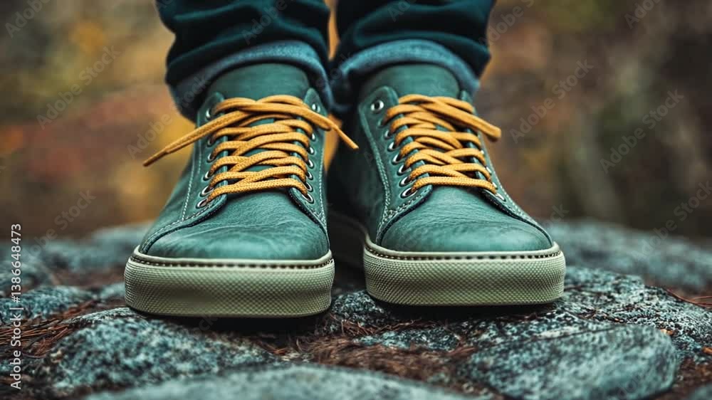 Teal shoes on rock in autumn forest. Possible use Stock photo Teal shoes on rock in autumn forest. Possible use Stock photo