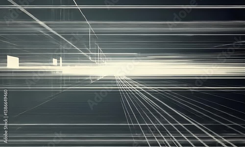 Abstract image converging lines of light on dark ground, creating depth and motion. Light radiates from center, blurring edges