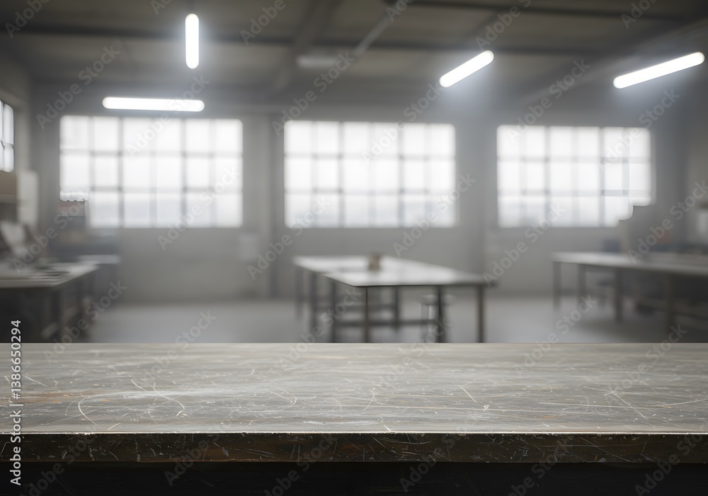 bright windows, blurred background of factory and empty steel tabletop in foreground. foggy atmosphere,concrete floor, empty workbench, blurred background, Business presentation, Industrial workspace,