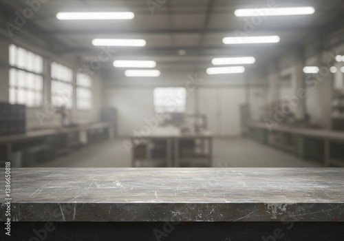 bright windows, blurred background of factory and empty steel tabletop in foreground. foggy atmosphere,concrete floor, empty workbench, blurred background, Business presentation, Industrial workspace,