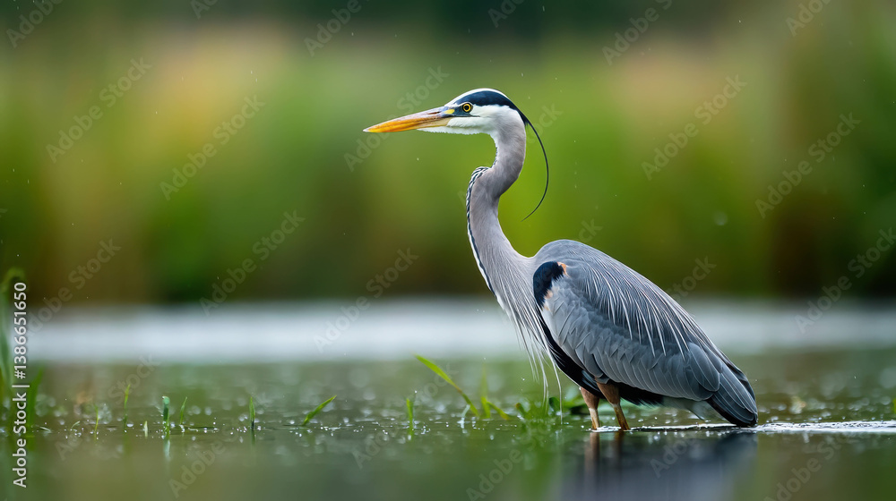 Fototapeta premium Elegant Great Blue Heron Standing in Shallow Water with Lush Background and Soft Focus