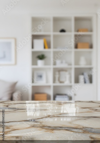 Obraz na płótnie Marble counter with copy space for your product in blurred living room background, living room interior, Marble wooden tabletop, blurred background, white bookshelves, w salonie