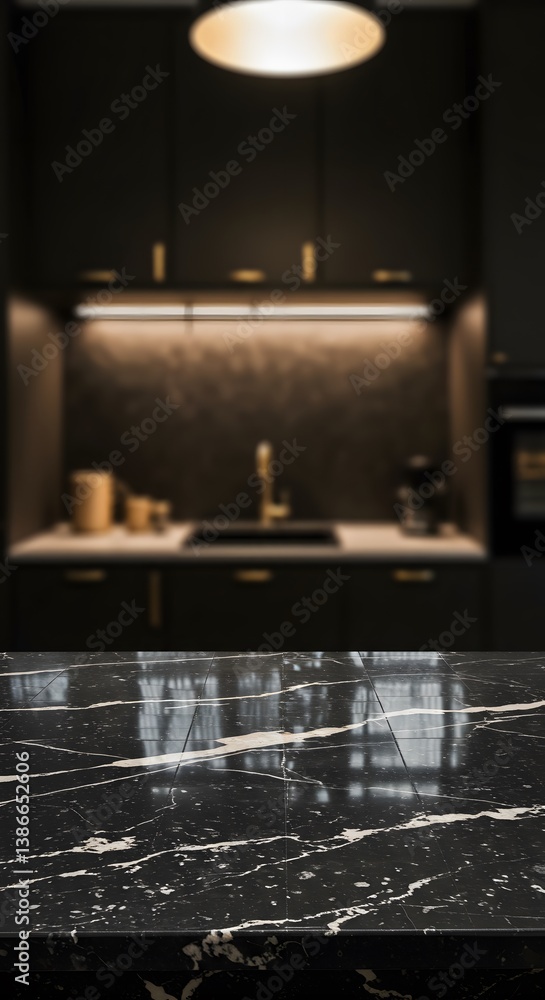 Dark marble , luxury kitchen, Empty black marble table top on blurred kitchen background for product display, countertop,