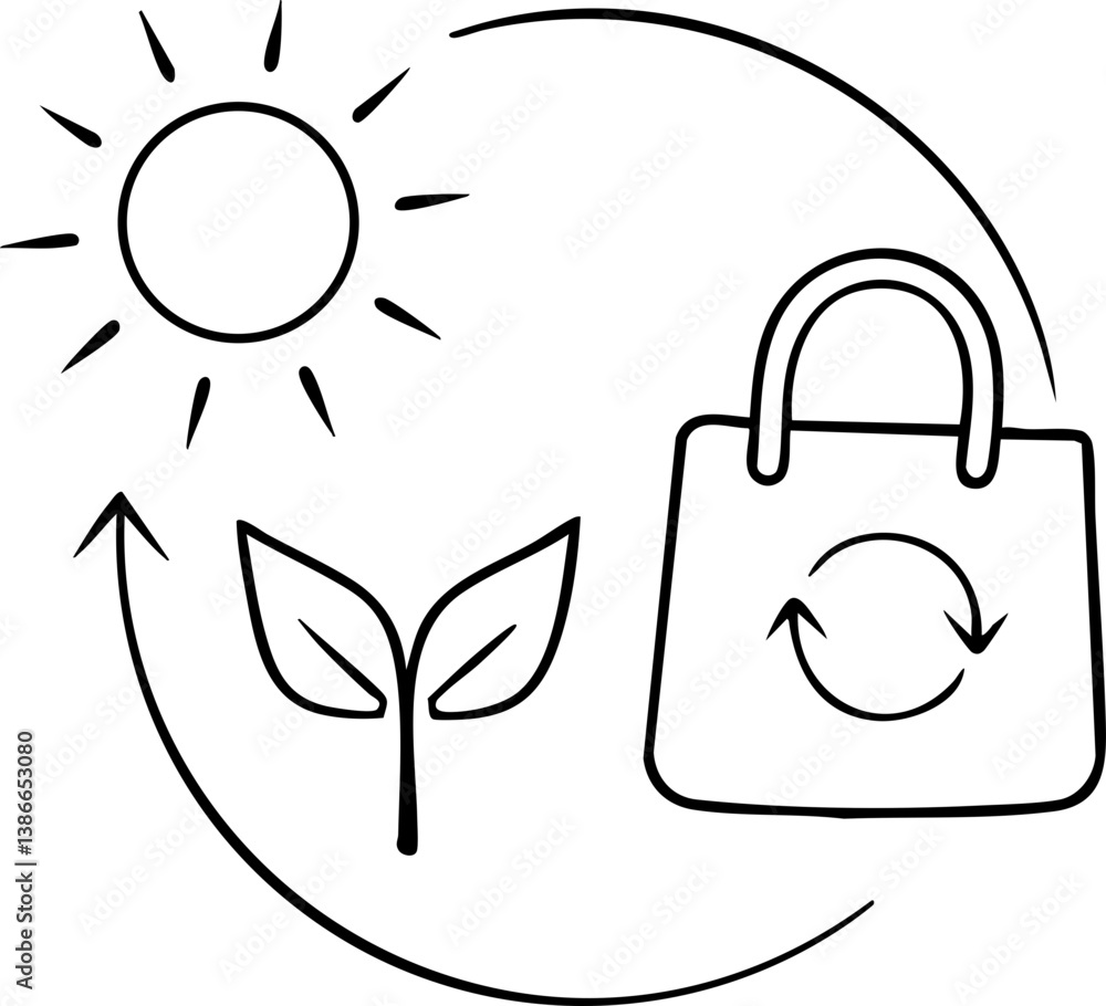 Sustainable concept with sun, leaf, and eco-friendly bag icons. Sustainable concept with sun, leaf, and eco-friendly bag icons.