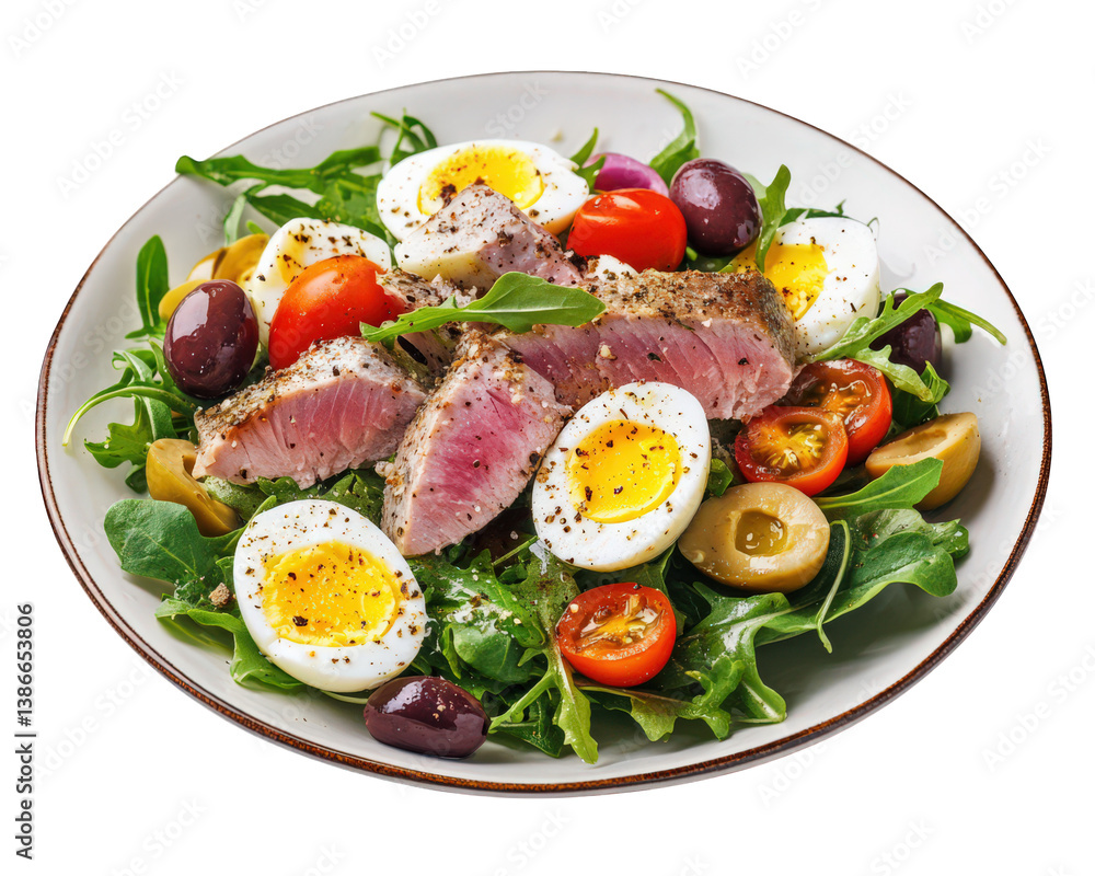fresh salad featuring seared tuna, boiled eggs, olives, and cherry tomatoes on bed of arugula, creating vibrant and healthy meal fresh salad featuring seared tuna, boiled eggs, olives, and cherry tomatoes on bed of arugula, creating vibrant and healthy meal
