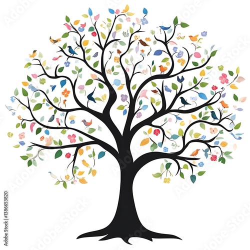 Colorful tree with birds and flowers