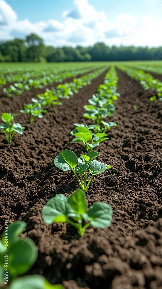 Field of young plants, sunlight, rows Field of young plants, sunlight, rows