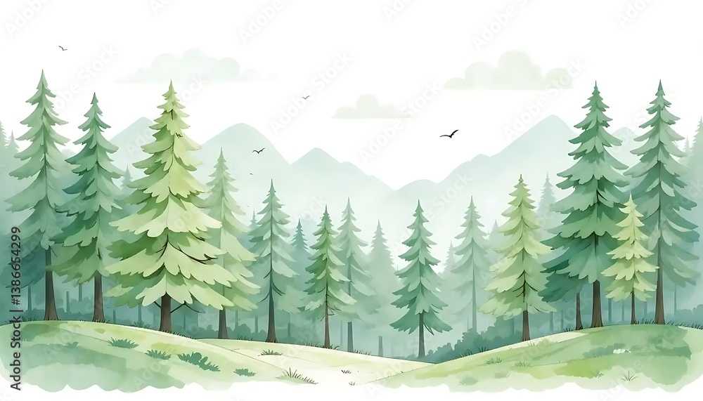 Fototapeta premium Watercolor Forest Illustration with Evergreen Trees and Distant Mountains