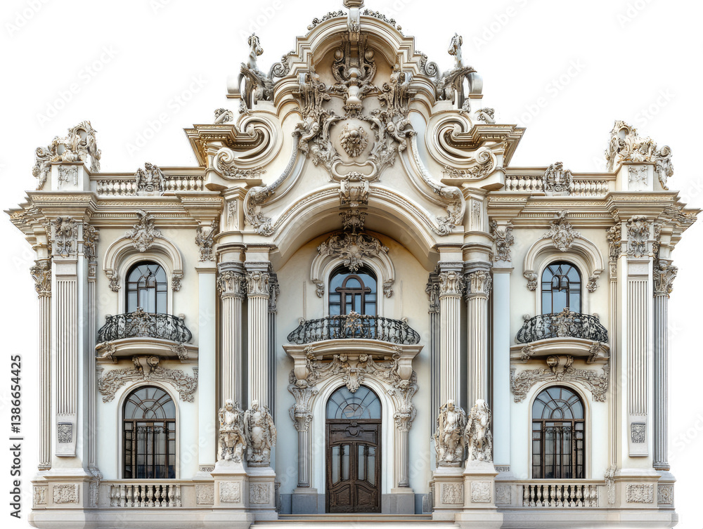 Fototapeta premium Baroque palace with ornate sculptural decoration, curved forms, and dramatic entrance, isolated on white background