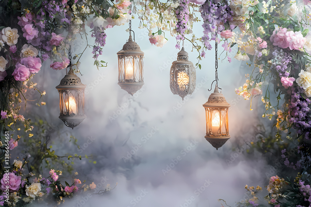 Enchanted Garden Lanterns: An enchanting scene unfolds with hanging lanterns nestled amidst vibrant flowers and ethereal mist, creating a captivating and dreamy atmosphere. Enchanted Garden Lanterns: An enchanting scene unfolds with hanging lanterns nestled amidst vibrant flowers and ethereal mist, creating a captivating and dreamy atmosphere.