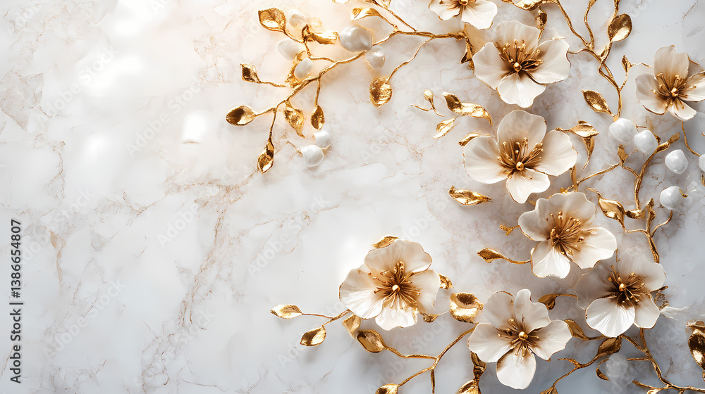 Golden Floral Elegance: A close-up shot of exquisite golden floral accents, delicately arranged, against a backdrop of luxurious marble, epitomizing elegance and sophistication. Golden Floral Elegance: A close-up shot of exquisite golden floral accents, delicately arranged, against a backdrop of luxurious marble, epitomizing elegance and sophistication.