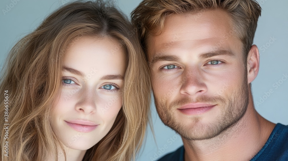A high-resolution photo shows a young couple. The woman has long, light brown hair and blue eyes. The man has short, light brown hair and a beard. They are positioned closely together. The image is A high-resolution photo shows a young couple. The woman has long, light brown hair and blue eyes. The man has short, light brown hair and a beard. They are positioned closely together. The image is