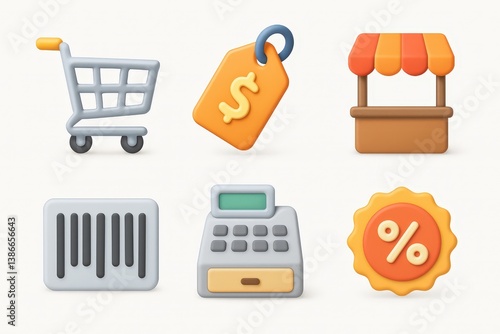3D Shopping Icons: Cart, Tag, Stand, Barcode, Cash Register, Discount