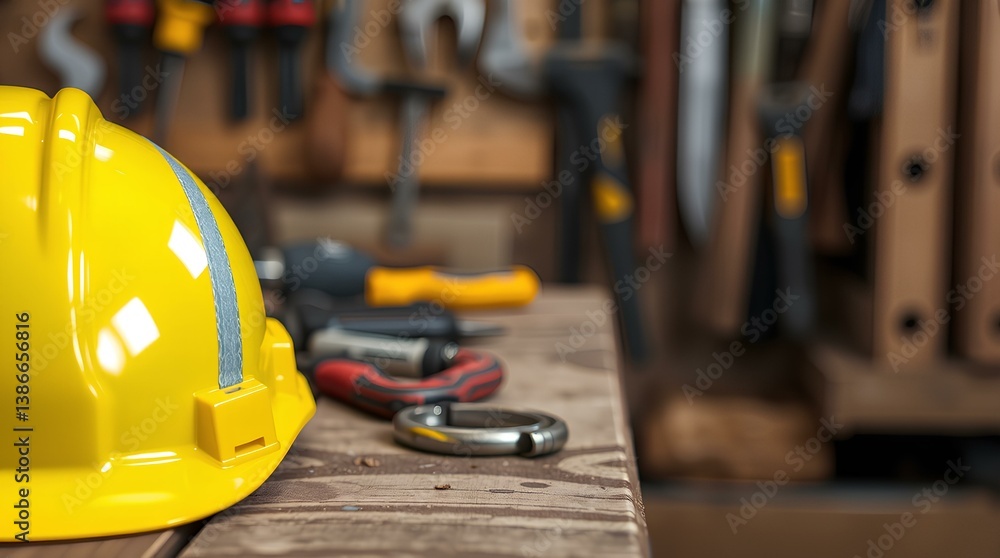 Professional Construction Safety Equipment with Yellow Hard Hat and Hand Tools on Wooden Workshop Workbench Close-up Professional Construction Safety Equipment with Yellow Hard Hat and Hand Tools on Wooden Workshop Workbench Close-up