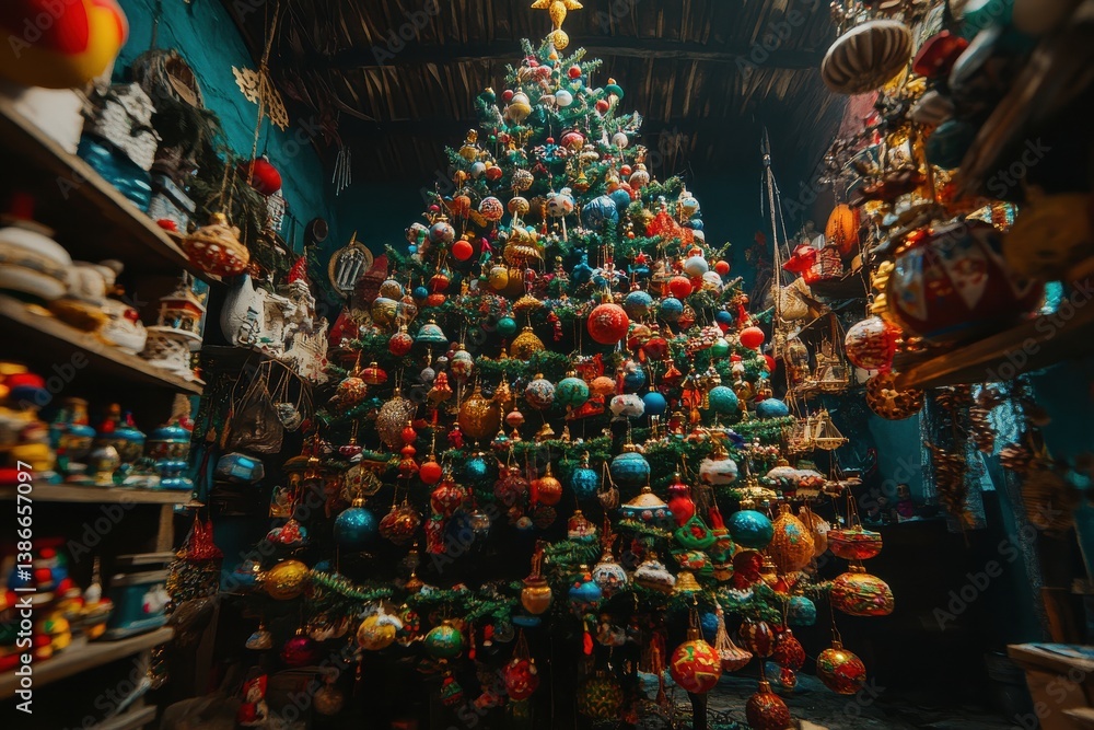 Naklejka premium A Beautifully Decorated Tree Showcasing Handmade Ornaments for Holiday Celebrations and Home Decor