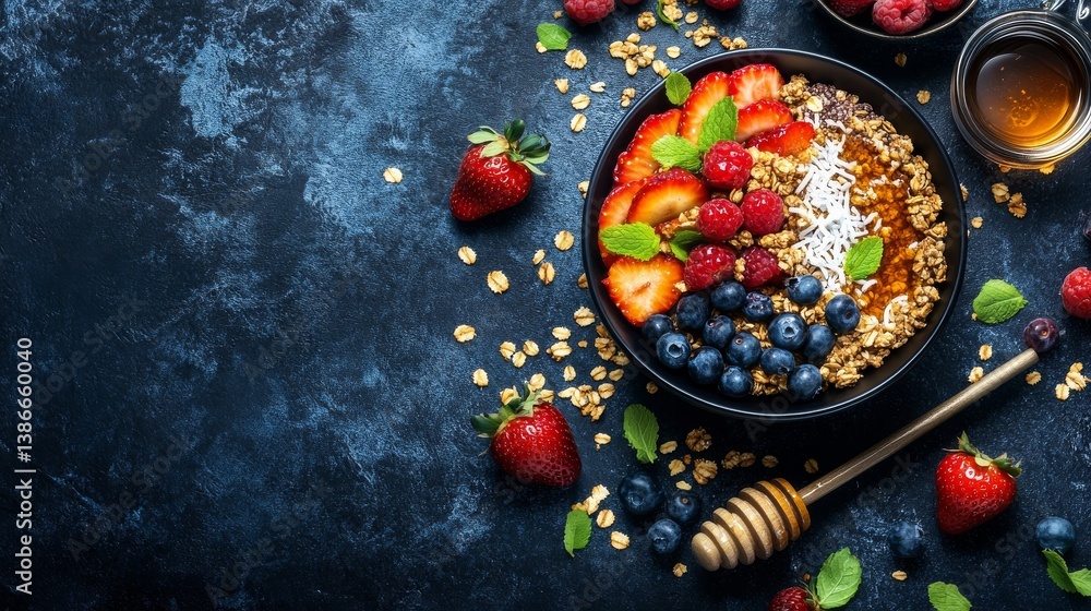A vibrant fruit smoothie bowl topped with granola, coconut flakes, and berries. Featuring health and vitality A vibrant fruit smoothie bowl topped with granola, coconut flakes, and berries. Featuring health and vitality