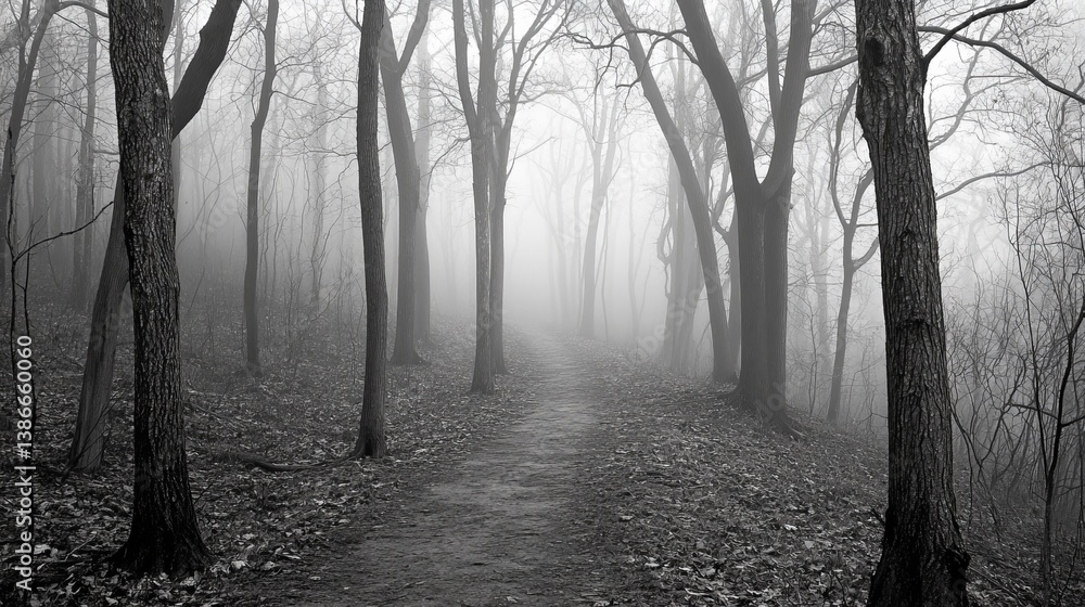 Naklejka premium Foggy forest path with bare trees in black and white.