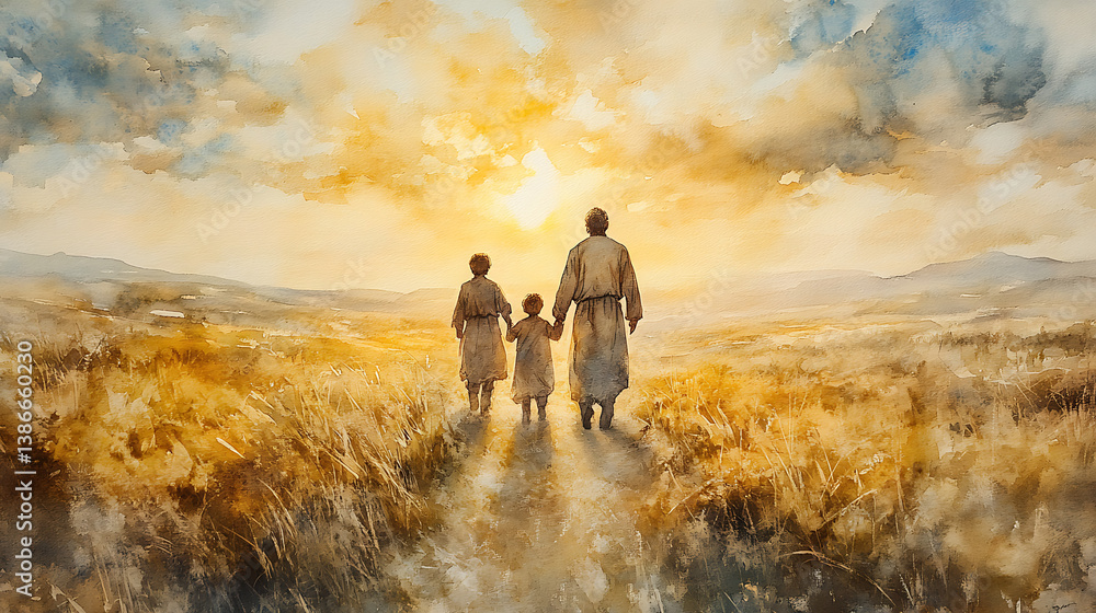 The father walking through a field with one son on each side, robes flowing in the breeze, sunset creating a golden path ahead, capturing a sense of restored familyHighly detailed, The father walking through a field with one son on each side, robes flowing in the breeze, sunset creating a golden path ahead, capturing a sense of restored familyHighly detailed,