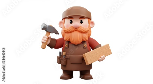 Charming 3D Render of a Carpenter Holding Hammer and Wood