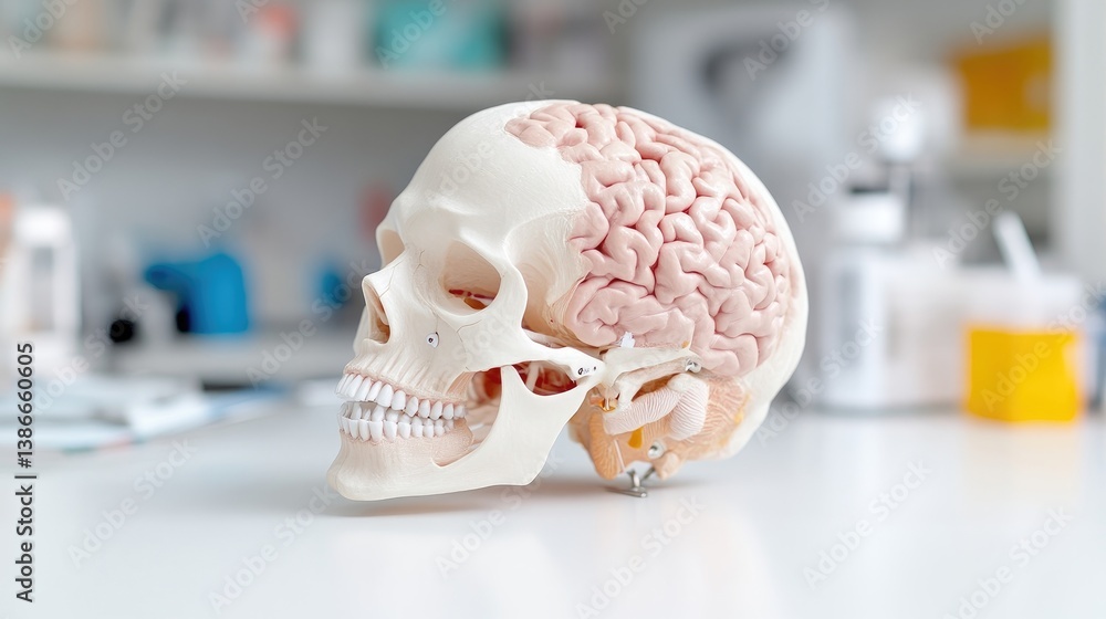 Fototapeta premium A detailed anatomical skull model rests on a white surface, showcasing a realistically rendered brain. The model is positioned in profile view against a blurred medical lab background. The image is