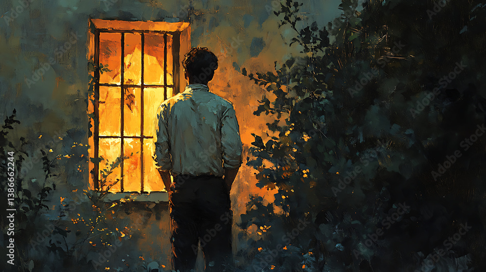 Fototapeta premium The older brother standing outside a warmly lit home, his back turned to the celebration, subtle emotion on his face, visually divided between joy and bitternessHighly detailed, cinematic composition,