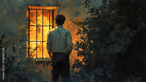 The older brother standing outside a warmly lit home, his back turned to the celebration, subtle emotion on his face, visually divided between joy and bitternessHighly detailed, cinematic composition,