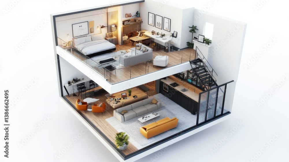 Modern Minimalist Two Story Apartment Interior Design Isometric Cutaway View
