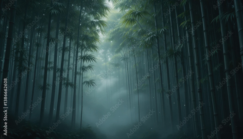 Fototapeta premium Ethereal Bamboo Grove: Tall stalks disappearing into misty light, serene forest path.