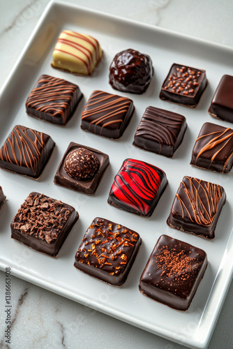 Assorted gourmet chocolates with intricate designs on white plate, Isolated design on white background