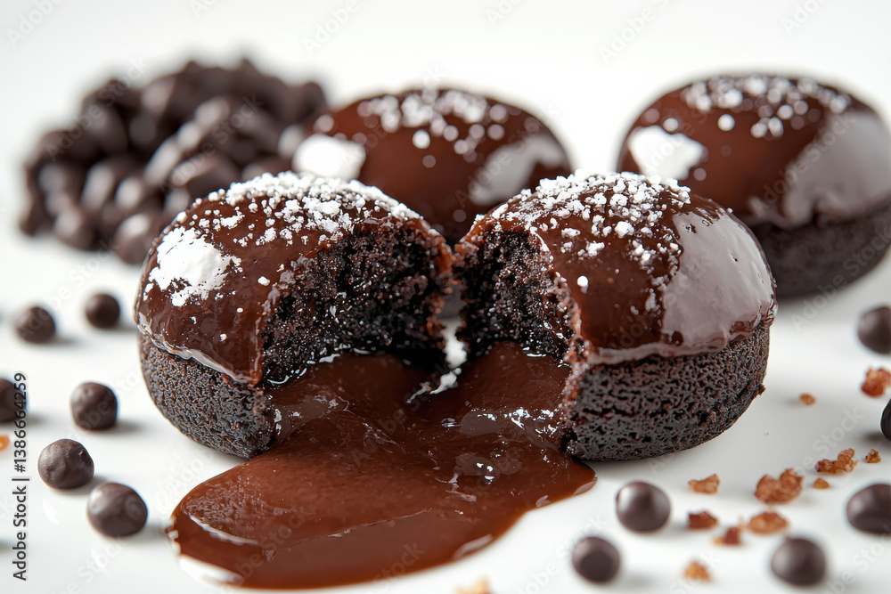 Rich chocolate lava cakes with molten center and powdered sugar garnish, Isolated design on white background Rich chocolate lava cakes with molten center and powdered sugar garnish, Isolated design on white background
