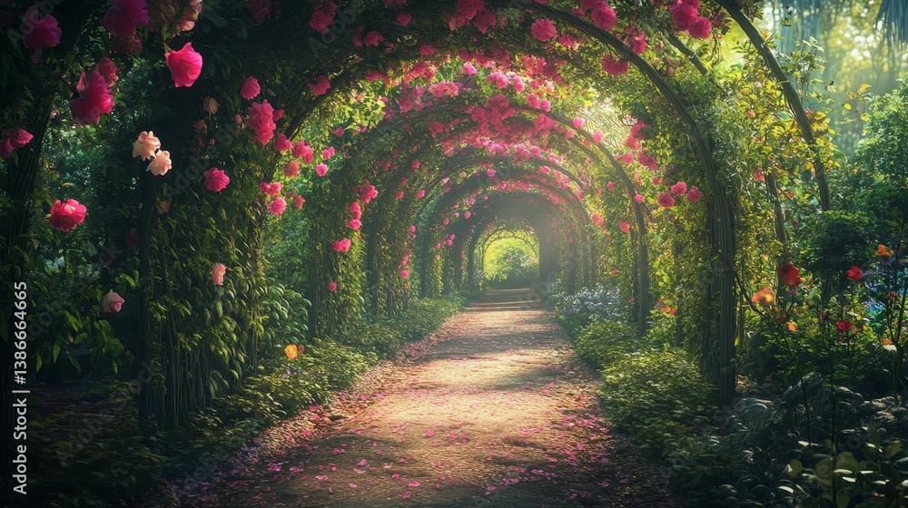 Flower archway path in garden with light at end. Flower archway path in garden with light at end.