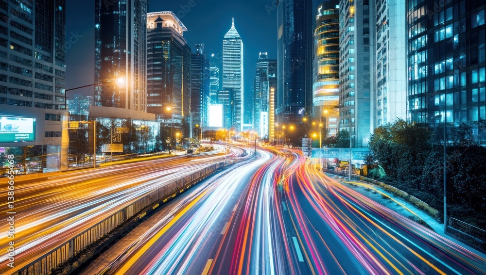 Obraz premium Night city highway, motion blur, skyscrapers, urban