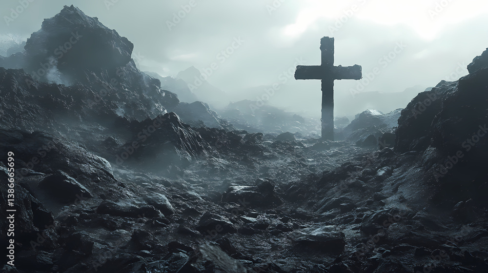 A solitary cross stands amidst a desolate landscape, shrouded in mist and surrounded by jagged, dark rocks, symbolizing hope and despair in an eerie environment. Shrouded Emptiness. Illustration A solitary cross stands amidst a desolate landscape, shrouded in mist and surrounded by jagged, dark rocks, symbolizing hope and despair in an eerie environment. Shrouded Emptiness. Illustration