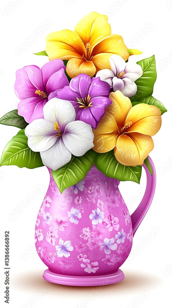 Floral bouquet in pitcher, white background