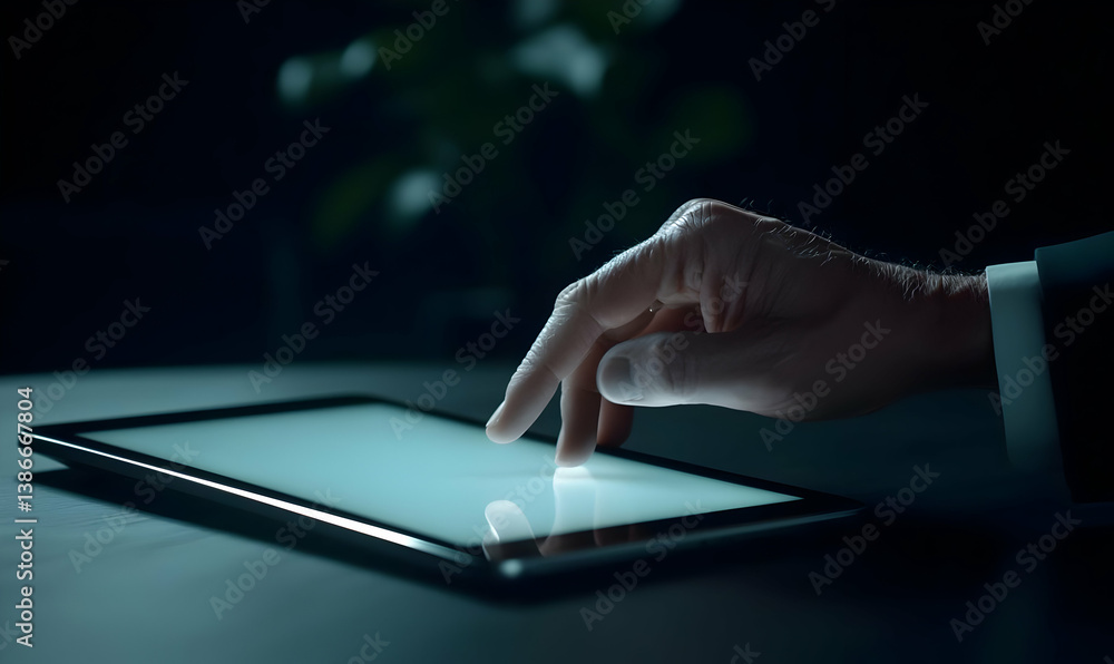 Finger Touching Screen Tablet in Dark Environment for Technology Scene Finger Touching Screen Tablet in Dark Environment for Technology Scene