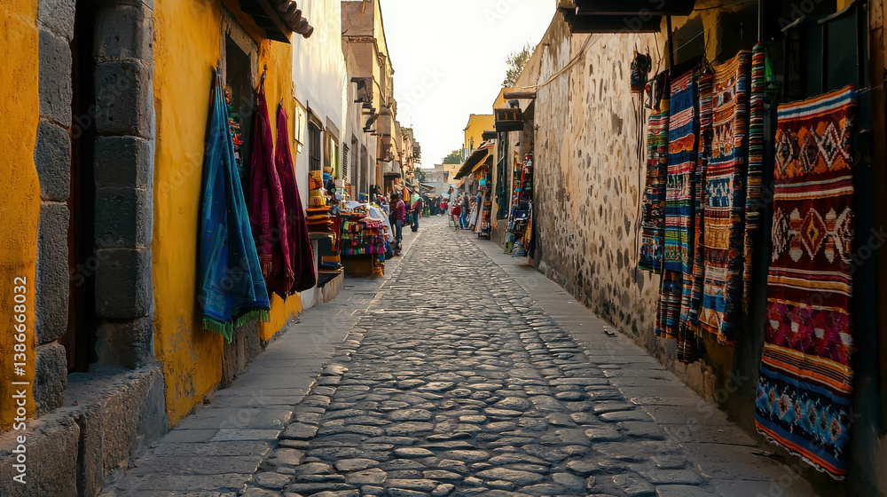 Fototapeta premium Colorful Market Street with Artisan Textiles and Cobblestone Path in Historic Town