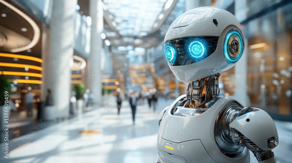 Fototapeta premium Human and robot interaction set in an office in the future