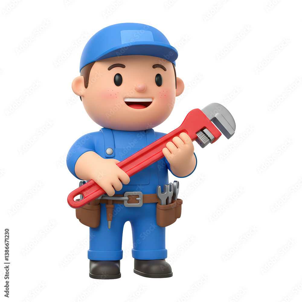 Adorable 3D Render of a Happy Plumber Holding a Wrench