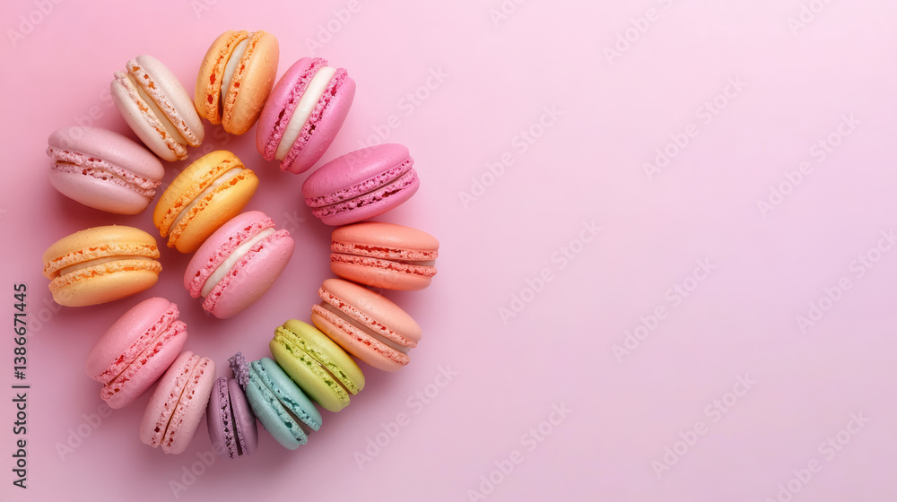 Fototapeta premium Colorful macarons arranged circular layout soft pink background, creating delightful visual