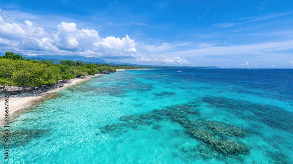 Fototapeta premium Crystal clear water meets serene beach under bright blue sky, creating tranquil paradise