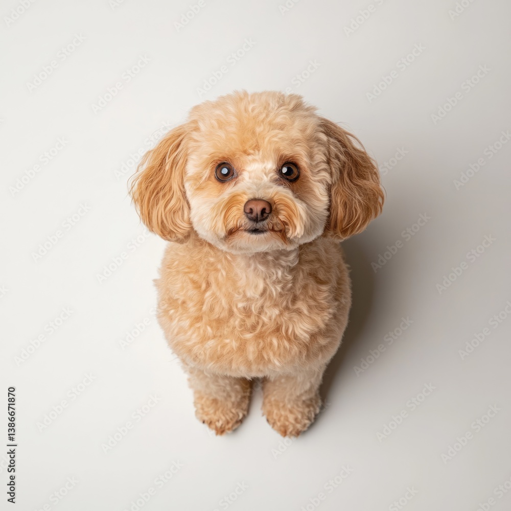 Playful poodle puppy indoor studio pet photography minimalist background top-down view adorable canine portrait Playful poodle puppy indoor studio pet photography minimalist background top-down view adorable canine portrait
