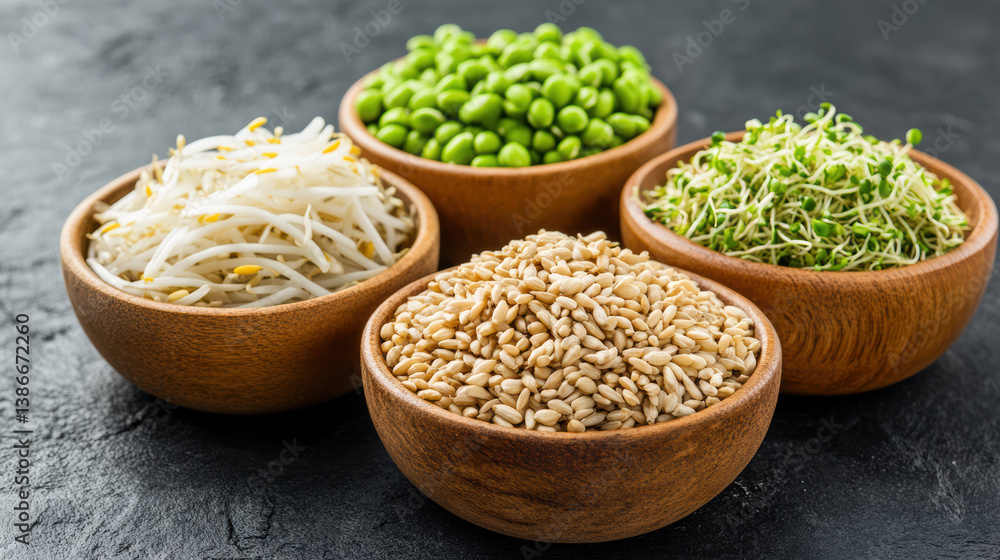 Fresh sprouts, green peas, and sesame seeds in wooden bowls create vibrant display Fresh sprouts, green peas, and sesame seeds in wooden bowls create vibrant display